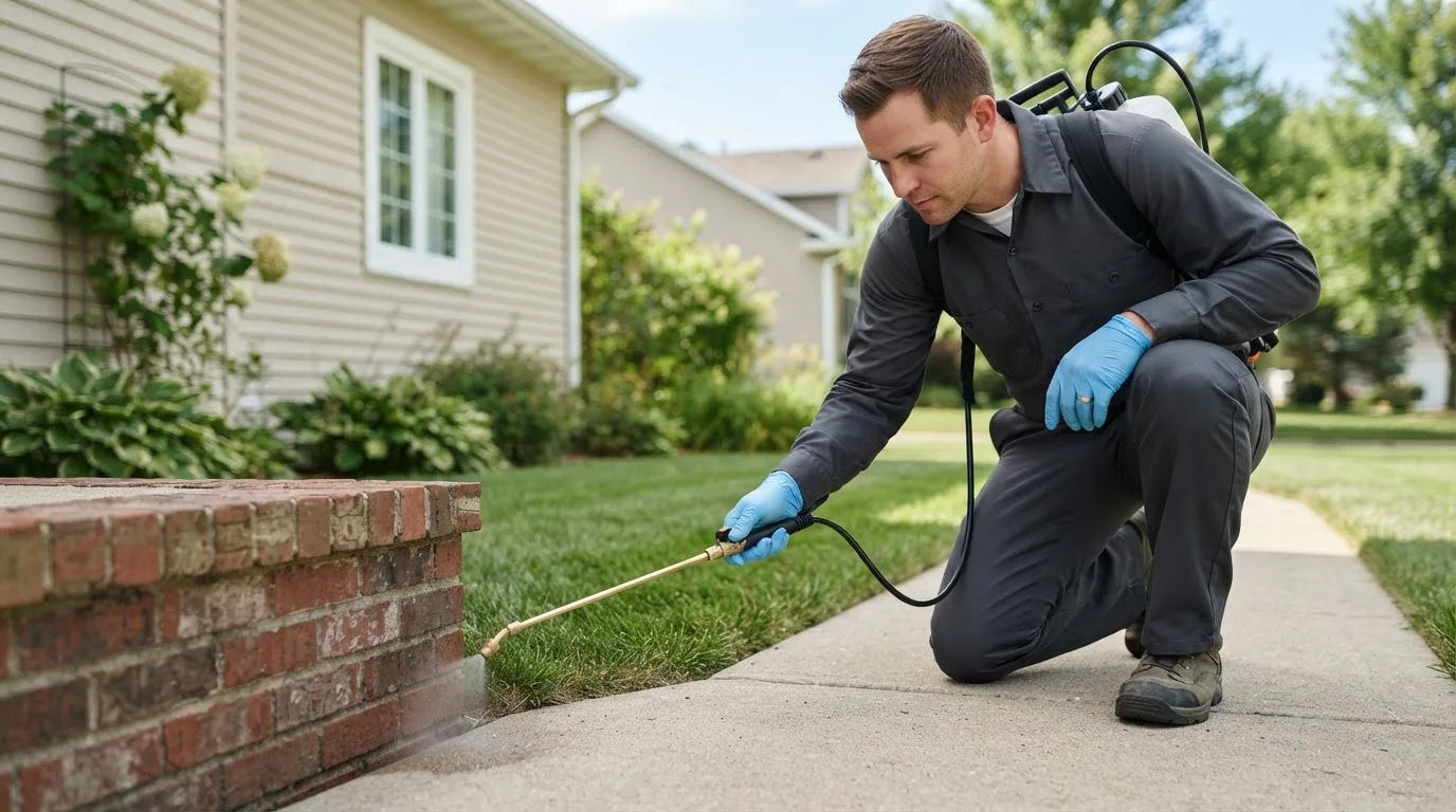 Pest control technician treating a home near New Lebanon, OH