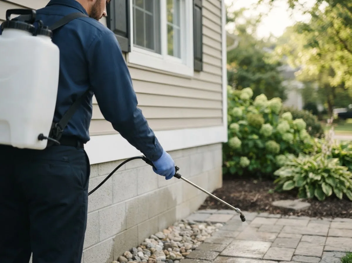 Pest control technician inspecting a home in New Lebanon, OH